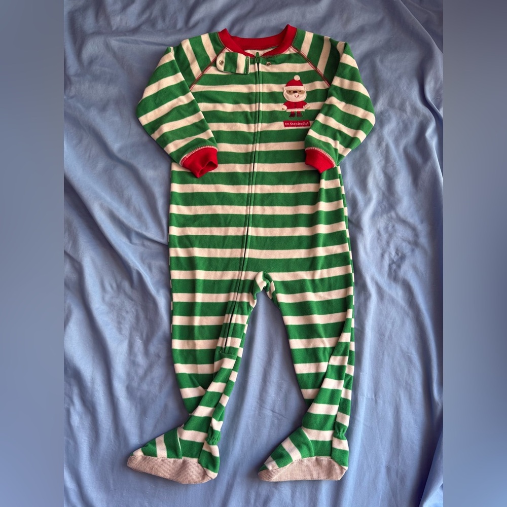 Carter's Festive Green and White Striped Footie with Santa